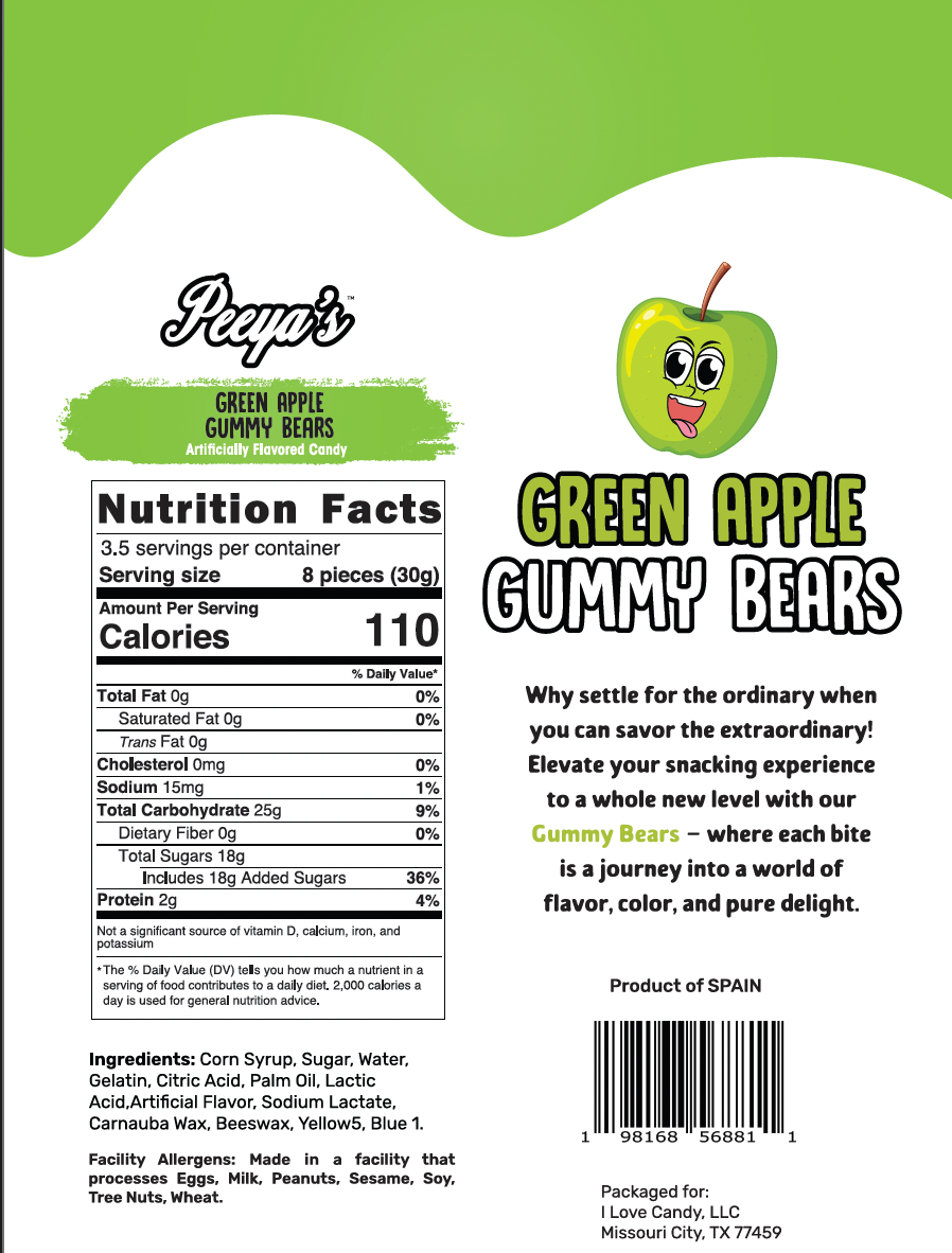 Peeya’s Green Apple Gummy Bears- Pack of 6