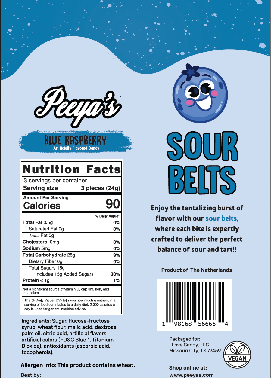 Peeya’s Blue Raspberry Sour Belts- Pack of 3